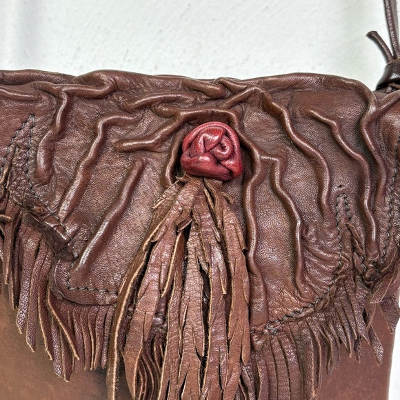 VICKI LOVE Boho Artisan Handmade Leather Crossbody Purse Bag Rose Fringes - Picture 2 of 16
